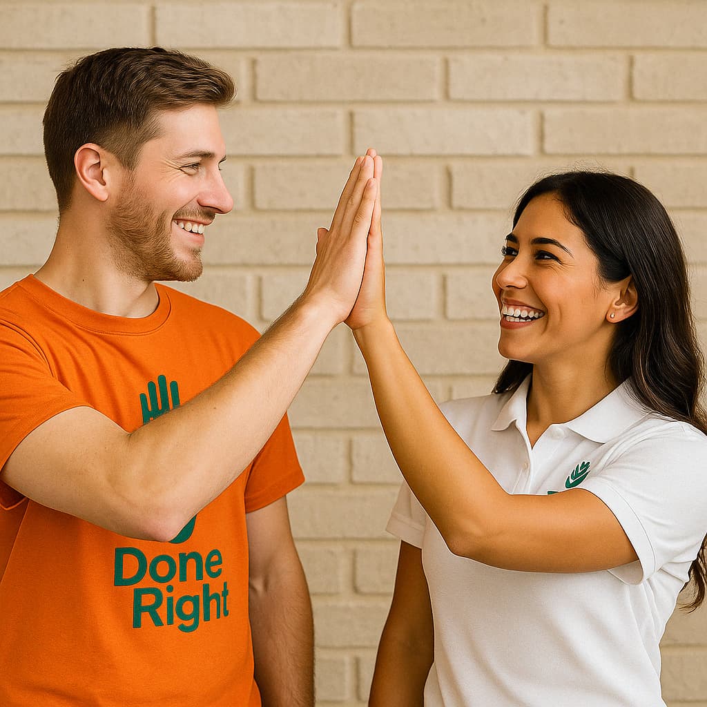Two helpers high-fiving, wearing DoneRight shirts, showcasing teamwork and reward