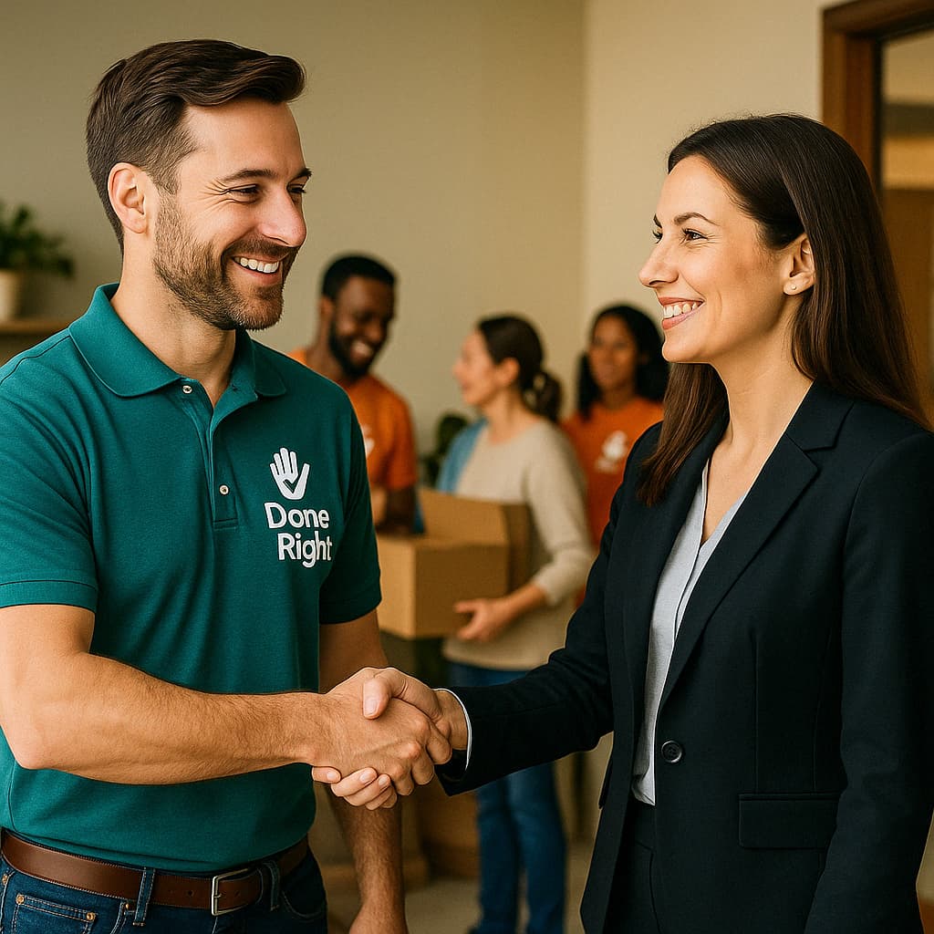 DoneRight rep shaking hands with business partner in office highlighting reliable collaboration